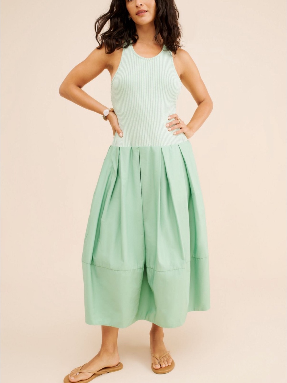 Mint Green Sleeveless Rib Bodice Midi Dress - Drops of Venus